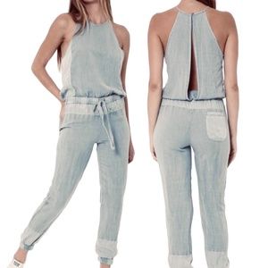 New Young Fabulous & Broke Open Back Jogger Jumpsuit Chambray Pale Blue Sz Large